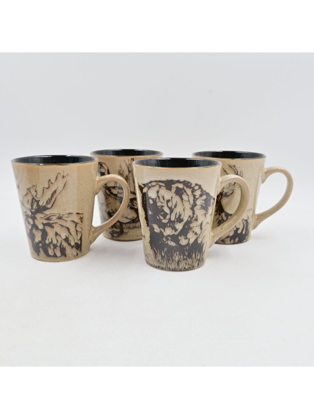 Mossy Oak Wildlife Stoneware Mugs Set of 4 Ceramic Lodge Cabin Animal Sketch Cup